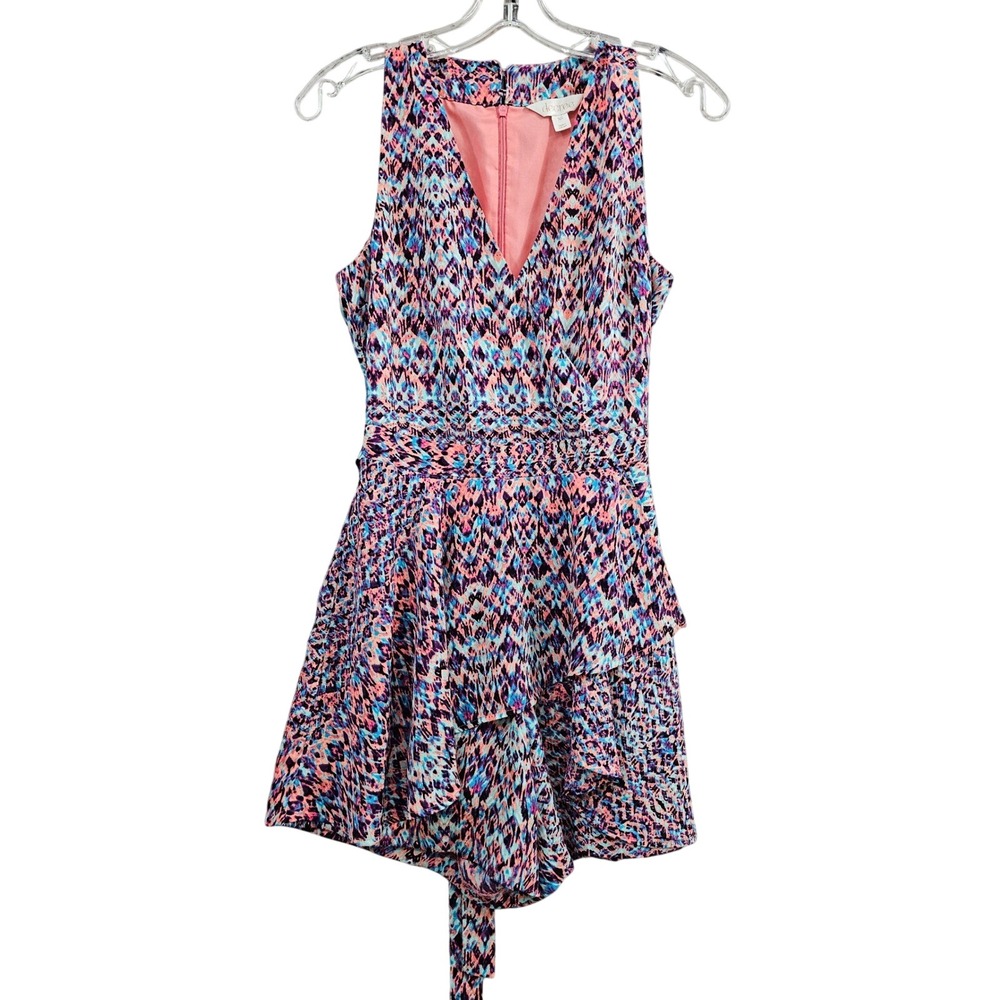 Decree Romper Women XS Pink Blue Geometric Ikat Sleeveless Ruffle V-Neck Casual